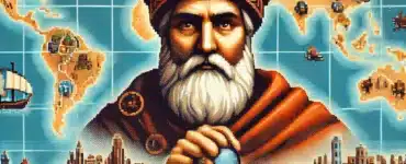 En nostalgisk og episk illustration af Sid Meier’s Civilization (1991), hvor en klassisk pixel-art verdenskort viser civilisationer, der udvider deres territorier. En historisk leder, symboliserende strategisk beslutningstagning, er i forgrunden, mens baggrunden skildrer udviklingen fra antikke byer til moderne metropoler. Billedet fanger essensen af det legendariske turbaserede strategispil.