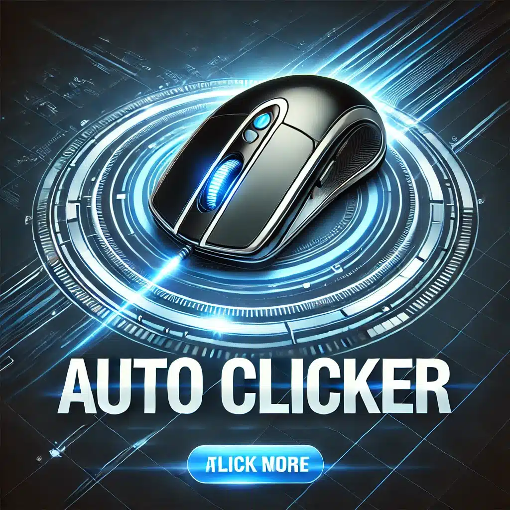 En moderne og stilren illustrasjon av et auto clicker-program, der en digital musepeker klikker raskt med en glødende effekt. Bakgrunnen har en blå og svart high-tech-stil som symboliserer automasjon og presisjon. Teksten 'Auto Clicker' er fremhevet i et profesjonelt og iøynefallende design.