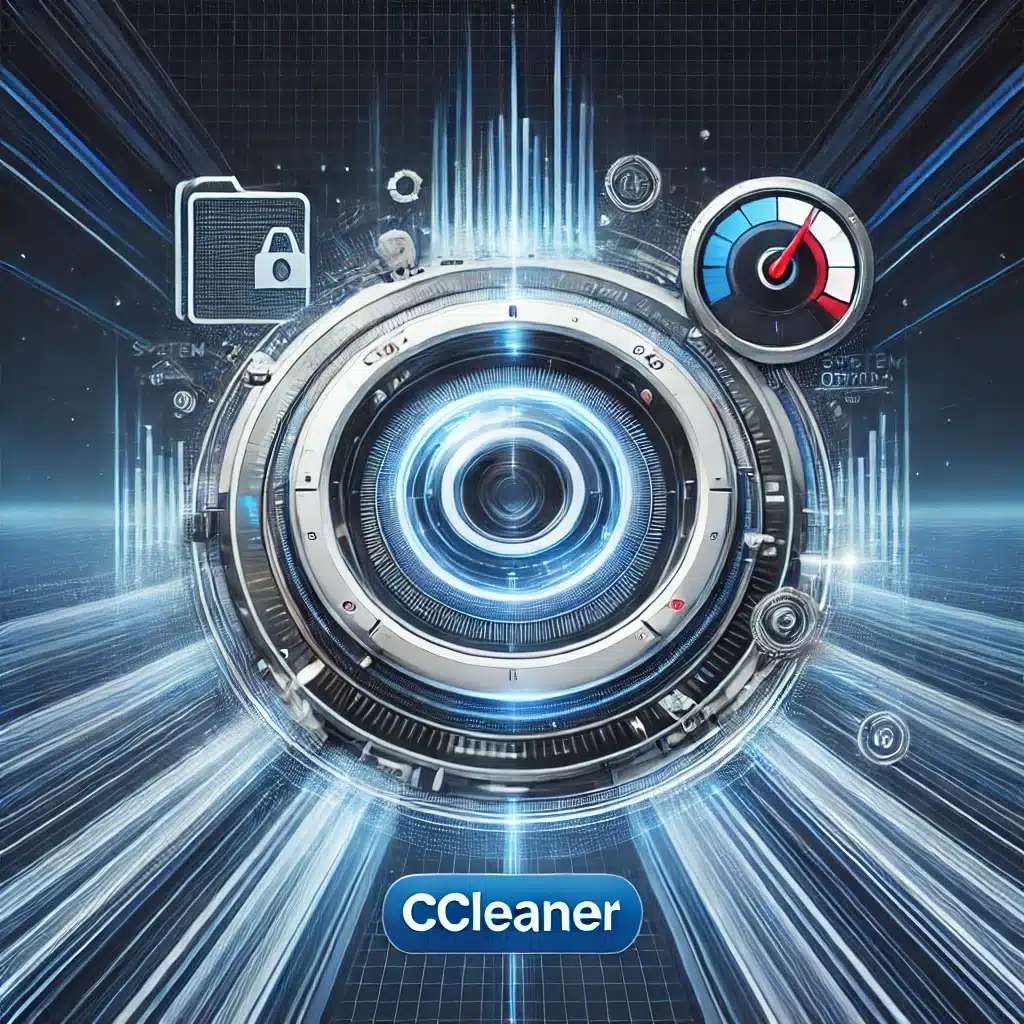 En moderne og stilren illustration af CCleaner, der symboliserer PC-optimering og systemrensning. Et glødende rengøringsikon i midten omgivet af digitale elementer som filer, hastighedsmålere og systemoptimeringssymboler. Baggrunden har et futuristisk high-tech look, der understreger CCleaners effektivitet i at forbedre PC-ydeevne.