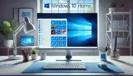 Moderne skrivebord med Windows 10 Home åben på en stor skærm, omgivet af kontorudstyr i et lyst rum med naturligt lys.
