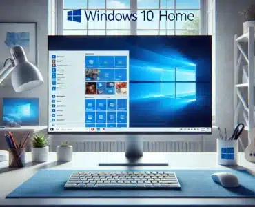 Moderne skrivebord med Windows 10 Home åben på en stor skærm, omgivet af kontorudstyr i et lyst rum med naturligt lys.