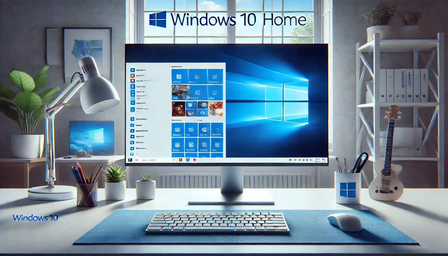 Moderne skrivebord med Windows 10 Home åpent på en stor skjerm, omgitt av kontorutstyr i et lyst rom med naturlig lys.