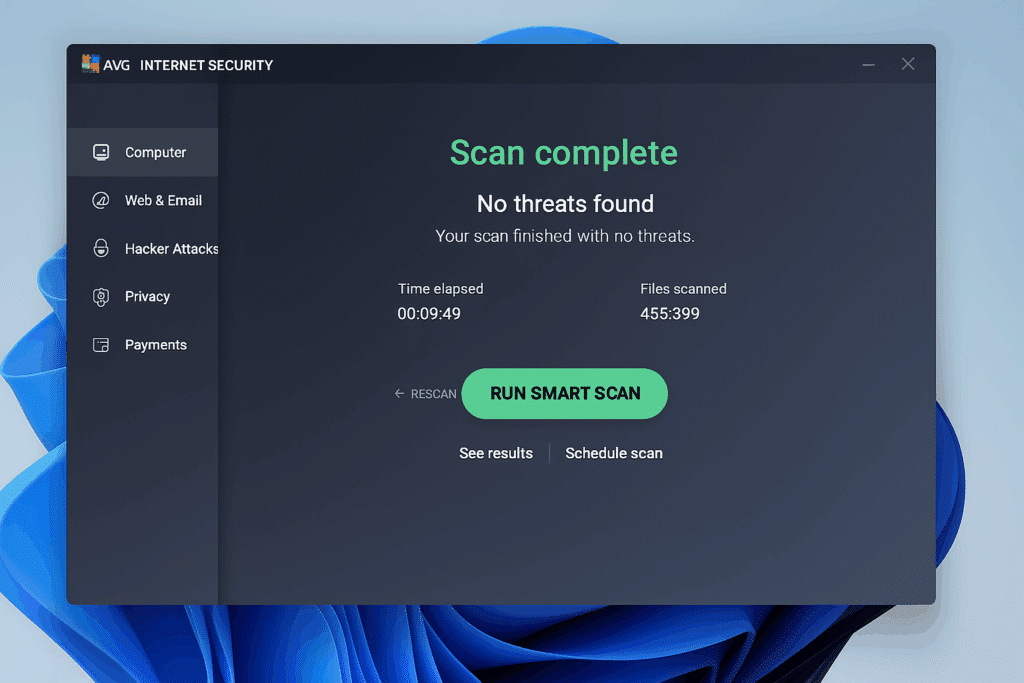 Skærmbillede fra vores test af AVG Internet Security på Windows 11. Viser hovedvinduet med fuldført “Smart Scan”, hvor resultatet er “Ingen trusler fundet”. Interface i mørkegråt design med grøn statusindikator og tydelige menupunkter i venstre side.