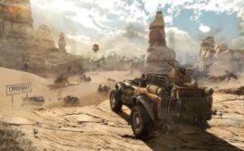 Crossout-køretøj i ørkenlandskab på vej mod kamp i postapokalyptisk bane