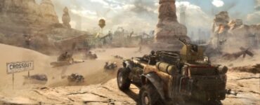 Crossout-køretøj i ørkenlandskab på vej mod kamp i postapokalyptisk bane