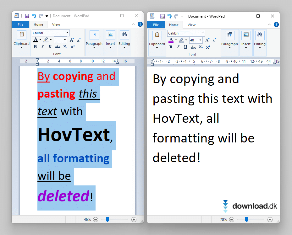 Eksempel på flyt af tekst uden formateringen kommer med, med HovText.