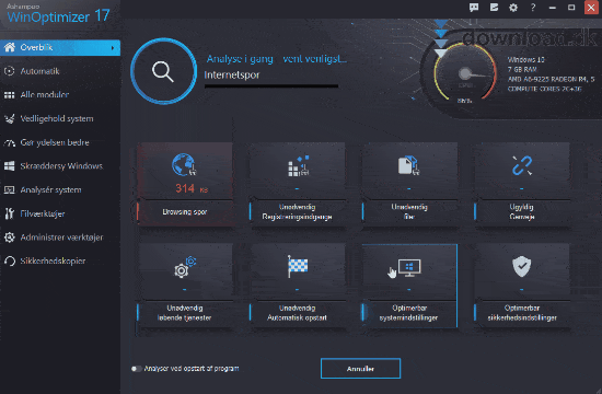 WinOptimizer Free har smarte funktioner, som f.eks. optimering med ét klik, startoptimering og privatlivsbeskyttelse.