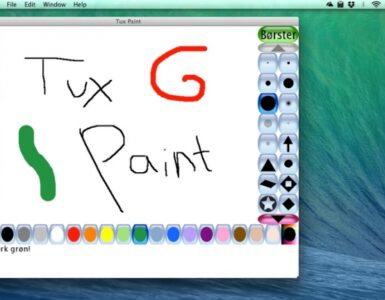 Skærmbillede af Tux Paint på macOS med dansk brugerflade, farvepalette nederst og en tegning hvor der står “Tux Paint”.