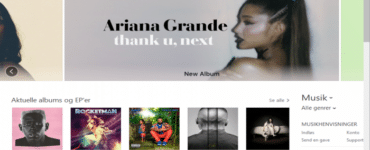 Hovedvinduet i iTunes med Arianda Grande i toppen.