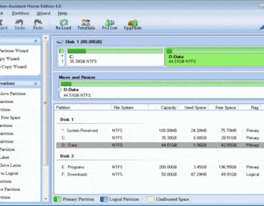 Screenshot fra vores test af AOMEI Partition Assistant