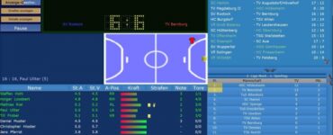 Handball Manager kampoversigt med stilling 17-16 mellem SV Rostock og TV Bernburg samt spillerstatistik og ligaoversigt.