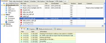 Free Download Manager FDM - hovedvinduet med downloads.