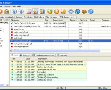 Free Download Manager FDM - hovedvinduet med downloads.