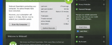 Webroot Essentials antivirus brugerflade med statusbesked om aktiv beskyttelse, hurtig scanning, abonnementsoplysninger og sikkerhedsfunktioner som PC Security, Privacy Protection og Password Manager.