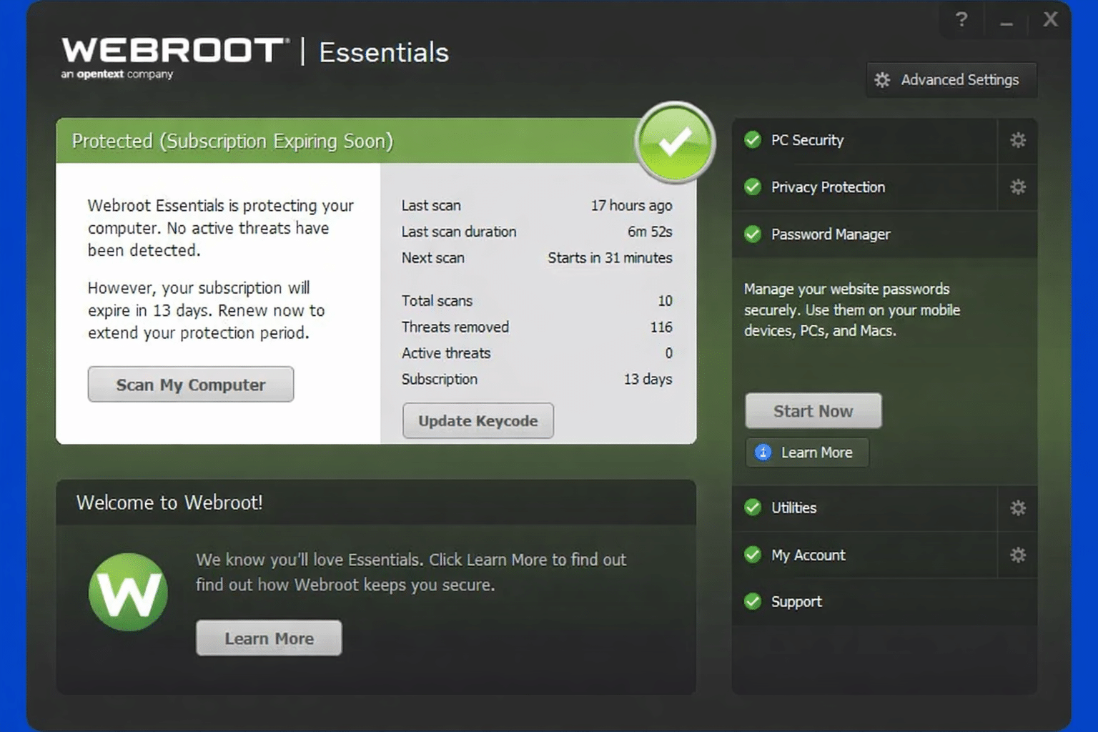 Webroot Essentials antivirus brukerflate med statusmelding om aktiv beskyttelse, rask skanning, abonnementsopplysninger og sikkerhetsfunksjoner som PC Security, Privacy Protection og Password Manager.