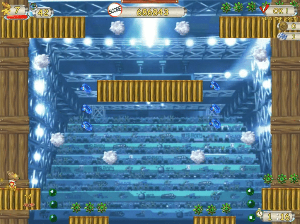 Gameplay i Sky Taxi med Mitch på en bane fyldt med forhindringer, pickups og scoretæller under Download.dk’s test.