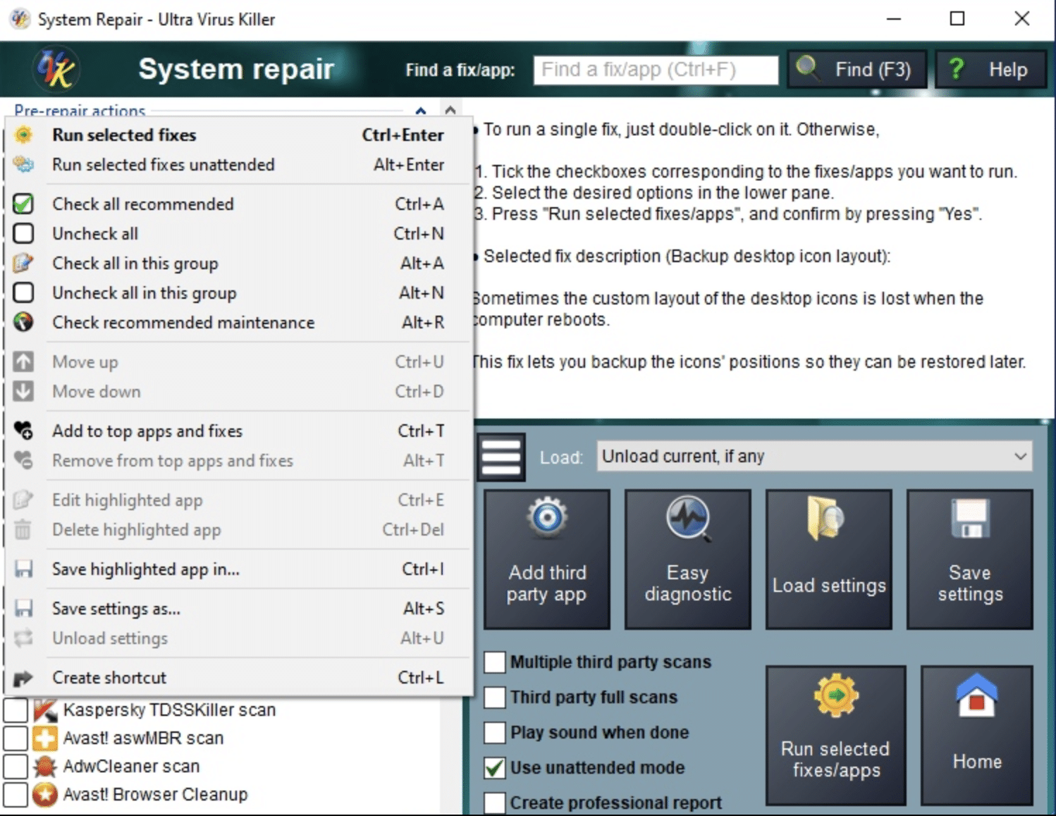 System Repair-verktøyet i Ultra Virus Killer som viser avanserte systemreparasjoner, automatiske fikser og integrasjon med tredjeparts skadevareskanning i Windows.