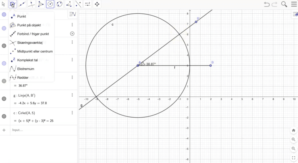 GeoGebra Classic med cirkel og linje på koordinatsystemet, hvor vinklen ved punkt A måles under vores test