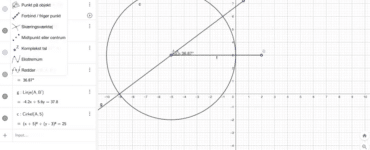 GeoGebra Classic med cirkel og linje på koordinatsystemet, hvor vinklen ved punkt A måles under vores test