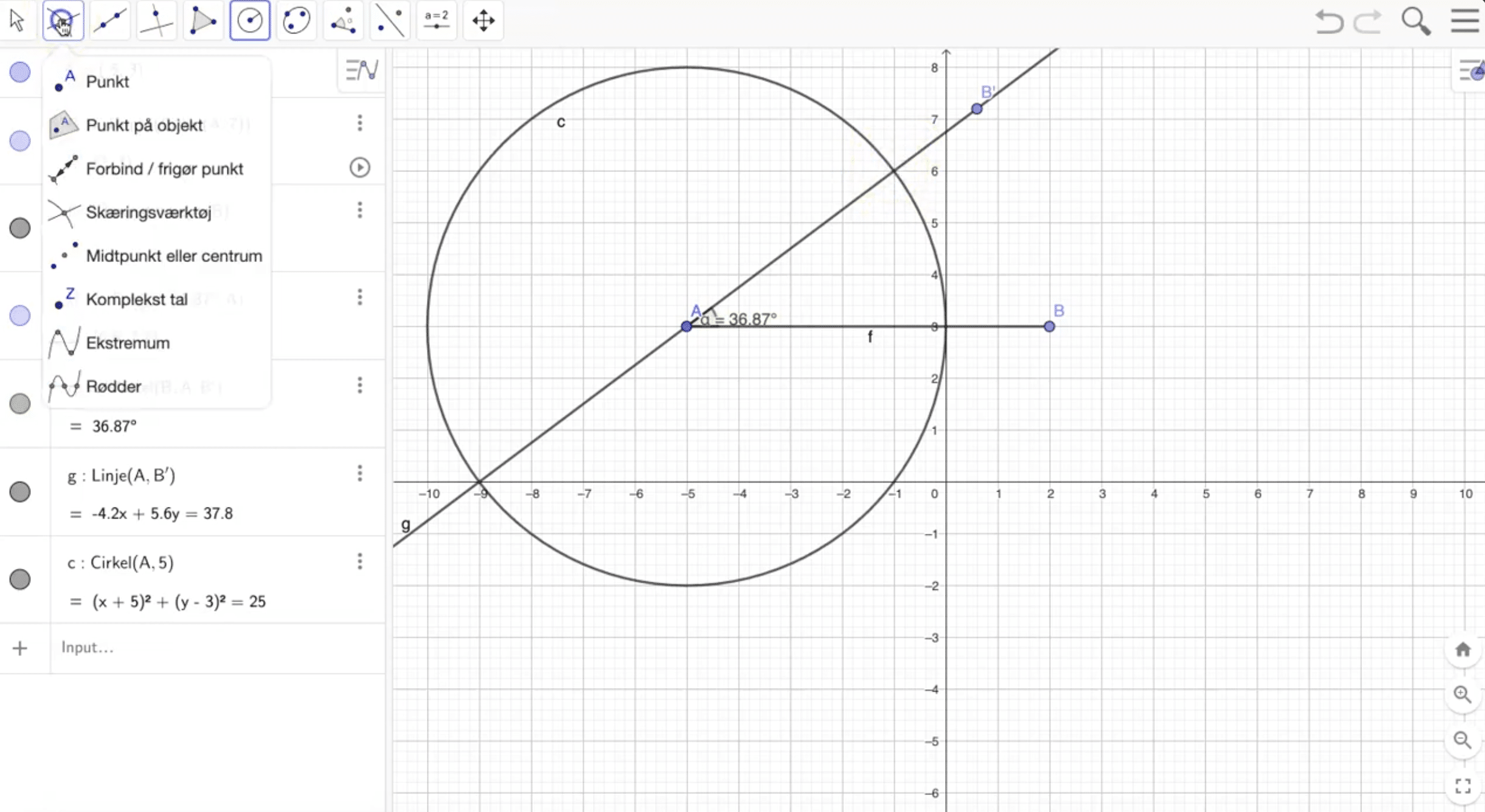 GeoGebra Classic: ympyrä ja suora koordinaatistossa, pisteen A kulmaa mitataan