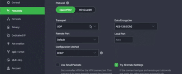 Private Internet Access-indstillinger med valg mellem OpenVPN og WireGuard.