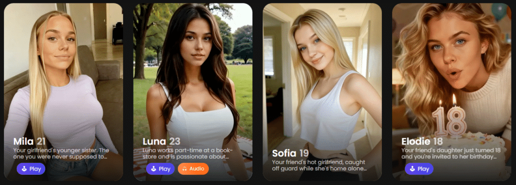 Overview of the Candy AI homepage with four AI character cards: Mila, Luna, Sofia, and Elodie, each showing a profile image, age, plus buttons like Play and Audio.