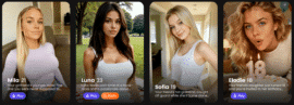 Oversigt over forsiden i Candy AI med fire AI-karakterkort: Mila, Luna, Sofia og Elodie, hver vist med profilbillede, alder samt knapper som “Play” og “Audio”.