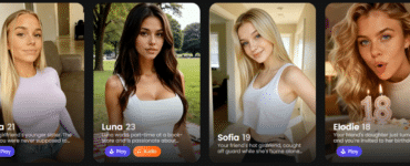 Oversigt over forsiden i Candy AI med fire AI-karakterkort: Mila, Luna, Sofia og Elodie, hver vist med profilbillede, alder samt knapper som “Play” og “Audio”.