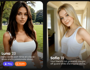 Oversigt over forsiden i Candy AI med fire AI-karakterkort: Mila, Luna, Sofia og Elodie, hver vist med profilbillede, alder samt knapper som “Play” og “Audio”.
