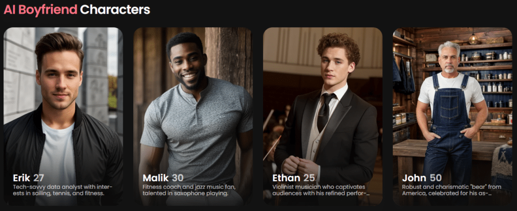 Section with AI Boyfriend Characters in Candy AI showing four male AI profiles as cards with portraits, names, ages, and short descriptions: Erik, Malik, Ethan, and John.
