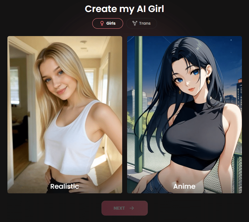 Candy AI screen with Create my AI Girl, where you can choose between Girls and Trans, plus Realistic and Anime styles, before tapping Next.