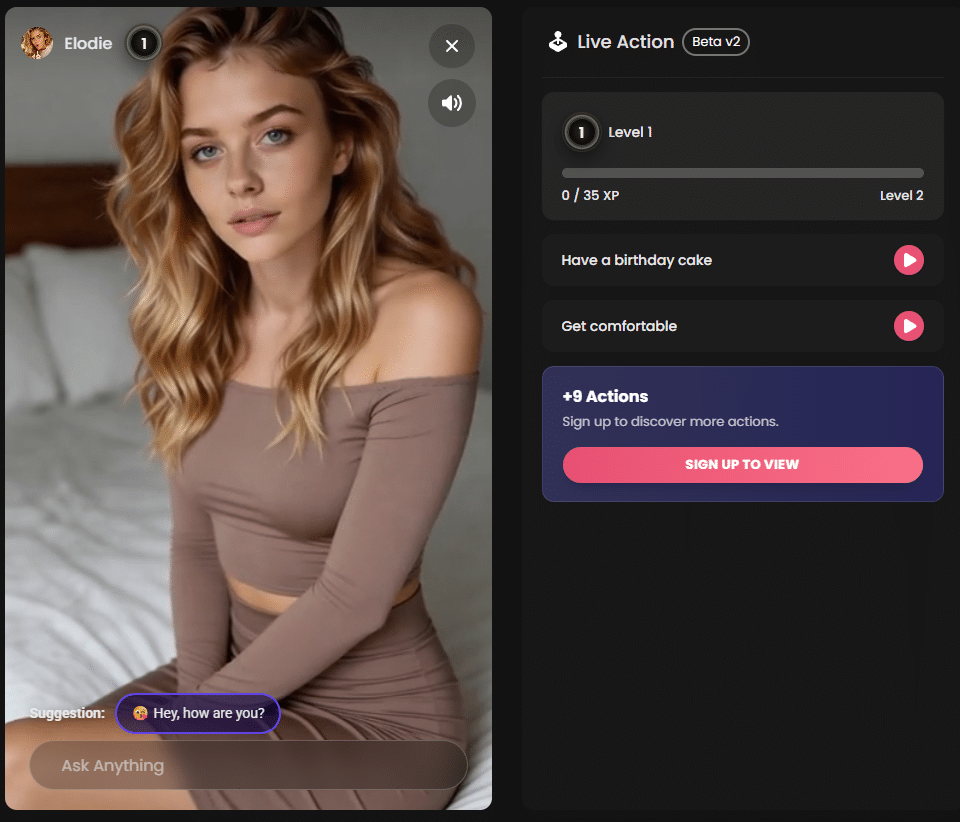 Candy AI view with the AI character Elodie in a live action chat, showing level, XP status, interactive actions, and a locked section with extra features for subscribers.