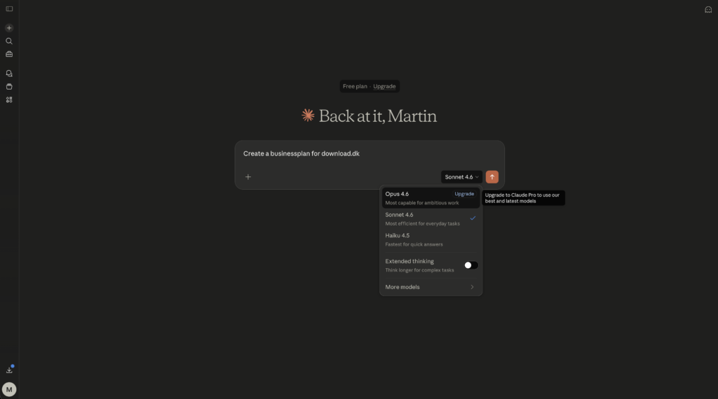 Claude AI home screen in dark theme with prompt field, model selector, and menu showing Sonnet 4.6, Opus 4.6, and Haiku 4.5.