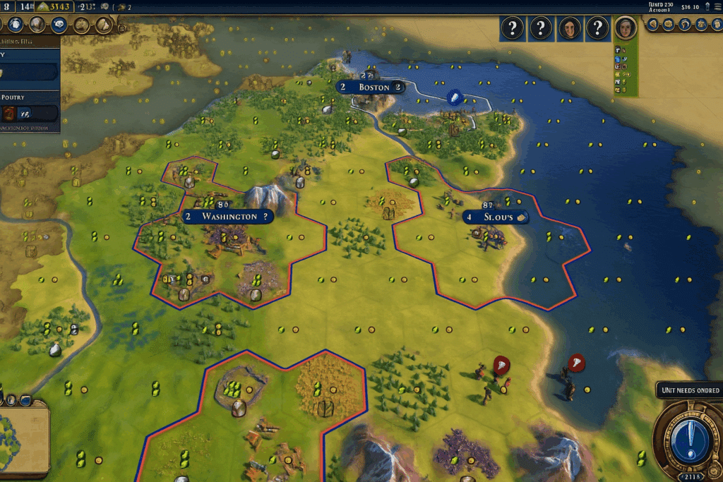 Skjermbilde fra vår test av Civilization VII på Windows, som viser et detaljert strategikart med byer, veier, elver og landskap i moderne Civilization-stil. UI-elementer som antall turer, ressurser og produksjon er synlige, og grafikken fremstår realistisk og fargerik.