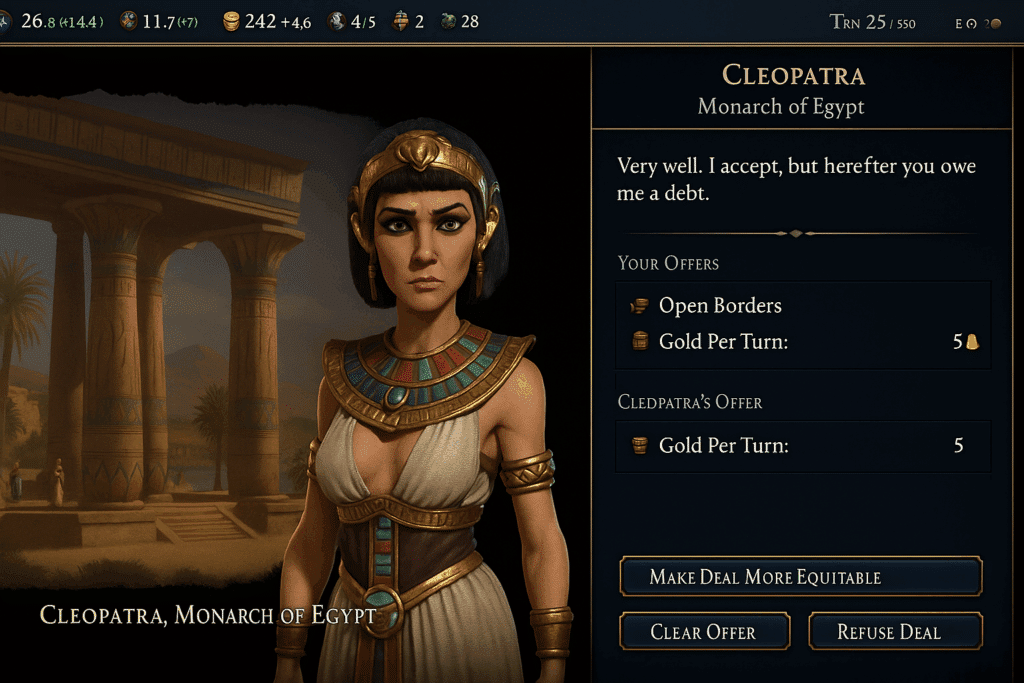 Skjermbilde fra vår test av Civilization VII på Windows, der den egyptiske lederen Kleopatra ses i en diplomatisk forhandling med spilleren. Brukerflaten viser tilbud om åpne grenser og gull per tur, mens bakgrunnen viser et egyptisk tempel og ørkenlandskap.