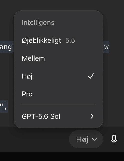 ChatGPT’s model menu in dark mode with the options Instant 5.5, Medium, High, Pro, and GPT-5.6 Sun, with High selected.