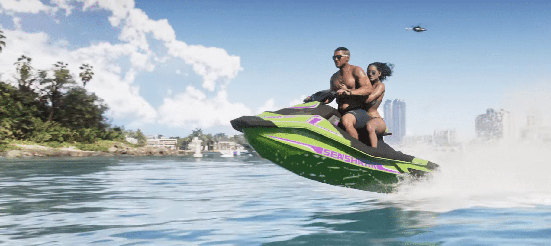 GTA 6-Gameplay mit Jetski auf dem Wasser vor Vice City