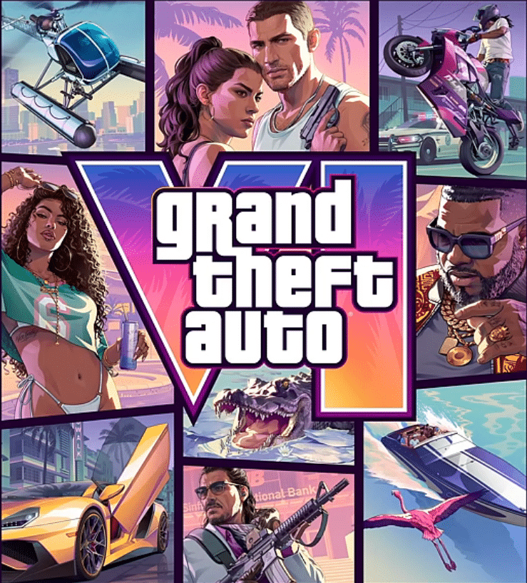 GTA 6-Coverart mit Vice City, Jason, Lucia und dem Grand Theft Auto VI-Logo