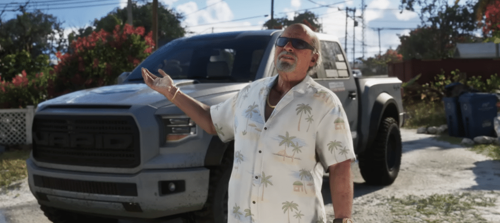 GTA 6-Charakter vor Pick-up in sonnigem Vice-City-Viertel