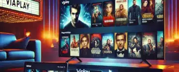 Et stilrent og moderne promobillede for Viaplay, der viser en streaminggrænseflade på tv, laptop og mobil. Populære film, serier og live sportsbegivenheder fremhæves for at illustrere platformens brede udvalg. Baggrunden har en mørk, filmisk glød, der skaber en premium underholdningsoplevelse.