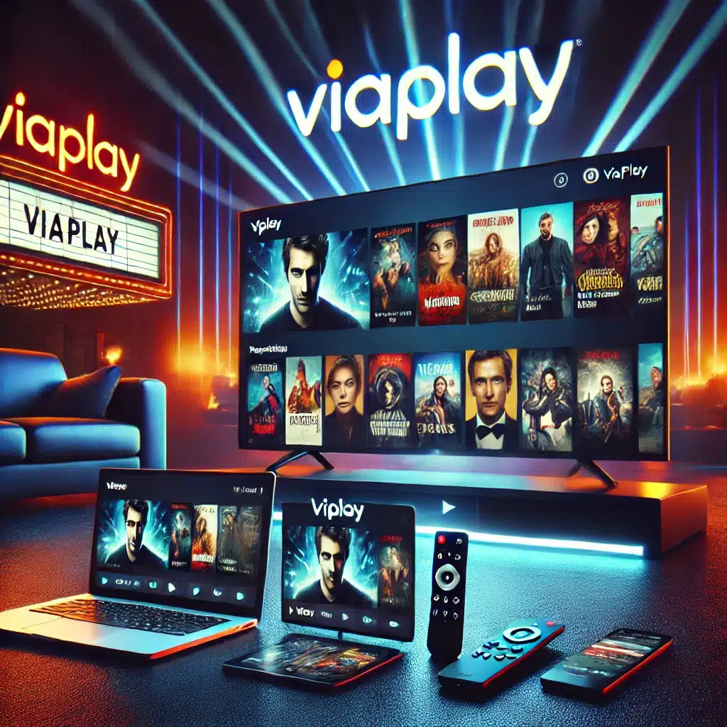 Et stilrent og moderne promobilde for Viaplay som viser et streaminggrensesnitt på TV, laptop og mobil. Populære filmer, serier og direktesendte sportsbegivenheter fremheves for å illustrere plattformens brede utvalg. Bakgrunnen har en mørk, filmatisk glød som skaper en premium underholdningsopplevelse.