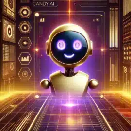 Et stilfuldt og moderne topbillede for Candy AI, der viser en engagerende AI-drevet virtuel partneroplevelse. Baggrunden har en futuristisk digital grænseflade med varme gyldne og lilla nuancer, der adskiller den fra lignende AI-platforme. AI-karakteren ser venlig og interaktiv ud, hvilket understreger intelligent samtale og selskab i et sofistikeret og indbydende design.