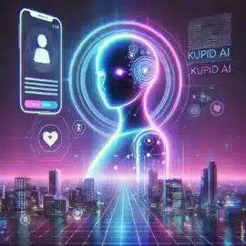 Et futuristisk og stilfuldt promo-billede for Kupid AI, der fremhæver en avanceret AI-drevet virtuel partneroplevelse. Baggrunden har et digitalt tema med en glødende AI-silhuet, der repræsenterer en interaktiv chatbot. Bløde neonfarver i blå og lilla skaber en moderne og indbydende atmosfære, mens subtile tekstbeskeder og digitale kommunikationselementer understreger AI-baserede sociale interaktioner.