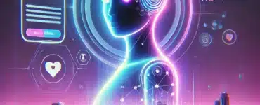 Et futuristisk og stilfuldt promo-billede for Kupid AI, der fremhæver en avanceret AI-drevet virtuel partneroplevelse. Baggrunden har et digitalt tema med en glødende AI-silhuet, der repræsenterer en interaktiv chatbot. Bløde neonfarver i blå og lilla skaber en moderne og indbydende atmosfære, mens subtile tekstbeskeder og digitale kommunikationselementer understreger AI-baserede sociale interaktioner.