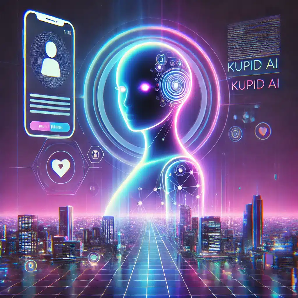Ett futuristiskt och stilfullt promo-bild för Kubid AI, som framhäver en avancerad AI-driven virtuell partnerupplevelse. Bakgrunden har ett digitalt tema med en glödande AI-silhuett som representerar en interaktiv chatbot. Mjuka neonfärger i blått och lila skapar en modern och välkomnande atmosfär, medan subtila textmeddelanden och digitala kommunikationselement understryker AI-baserade sociala interaktioner.