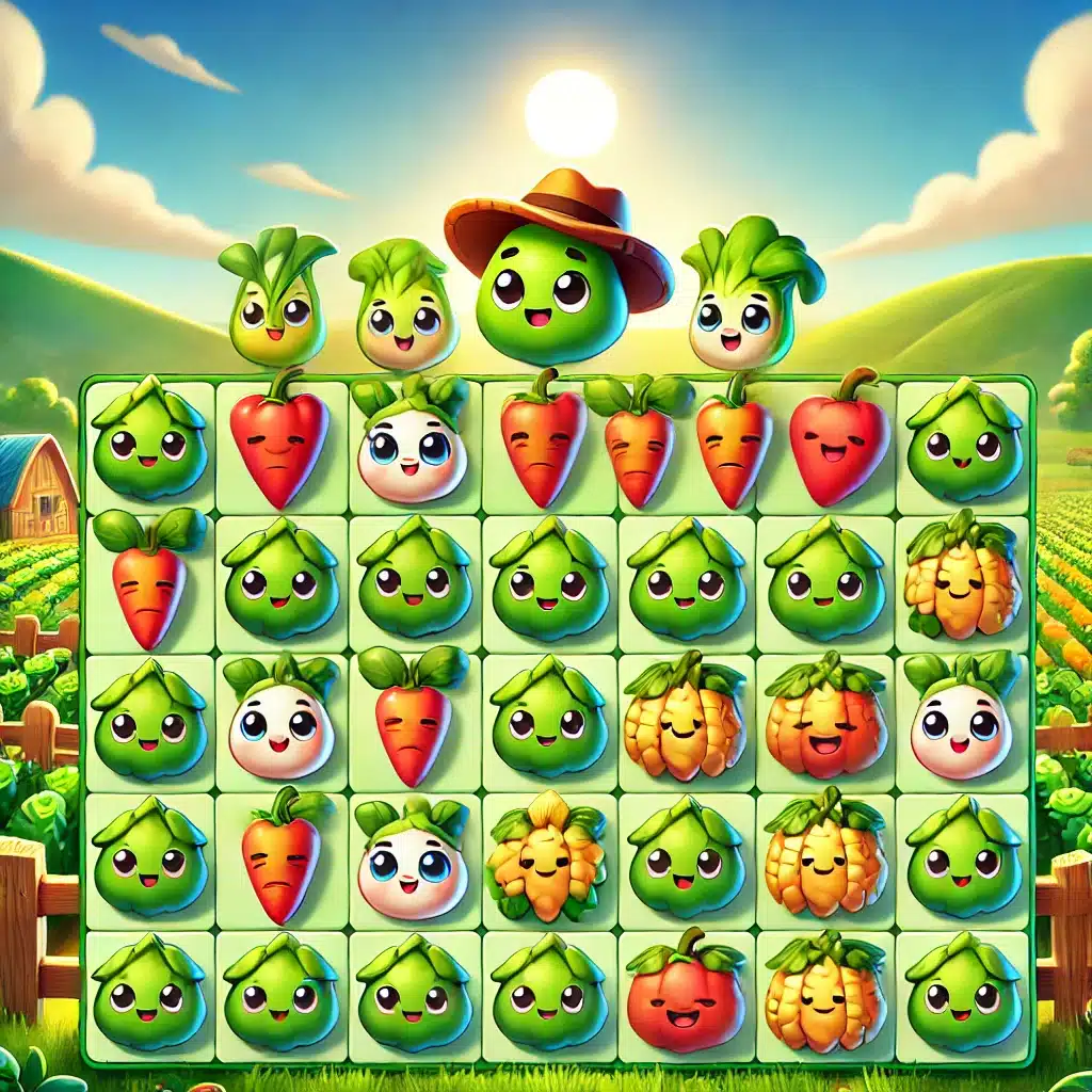 En färgglad och livlig scen från Farm Heroes Saga, där söta, animerade grödor med uttrycksfulla ansikten matchas i ett pusselspel. Bakgrunden visar ett frodigt, grönt landskap med rullande kullar och en blå himmel, vilket skapar en glad och avkopplande atmosfär.