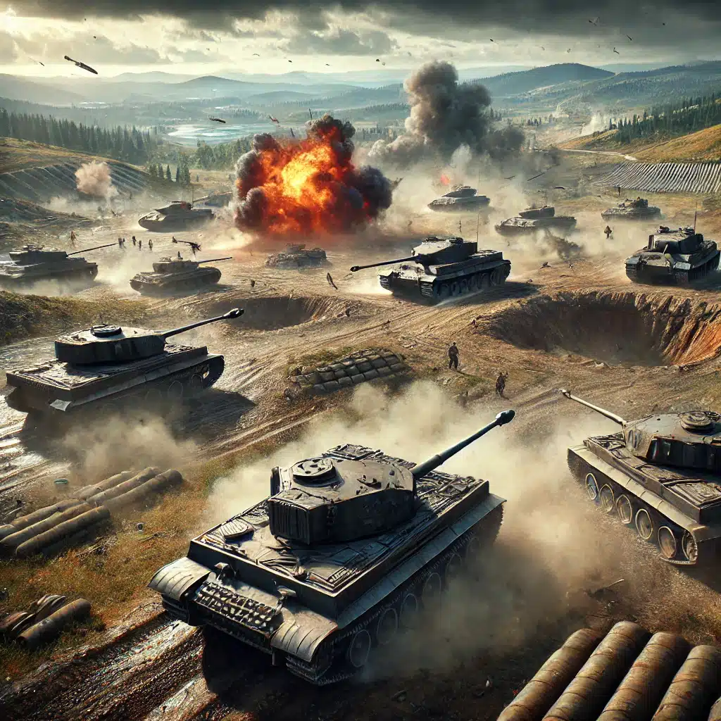 Ett storslaget pansarslag i World of Tanks Blitz där flera stridsvagnar utkämpar en häftig strid på ett öppet slagfält med kullar och skyttegravar. Explosioner och granatnedslag skapar en intensiv och realistisk krigsupplevelse.