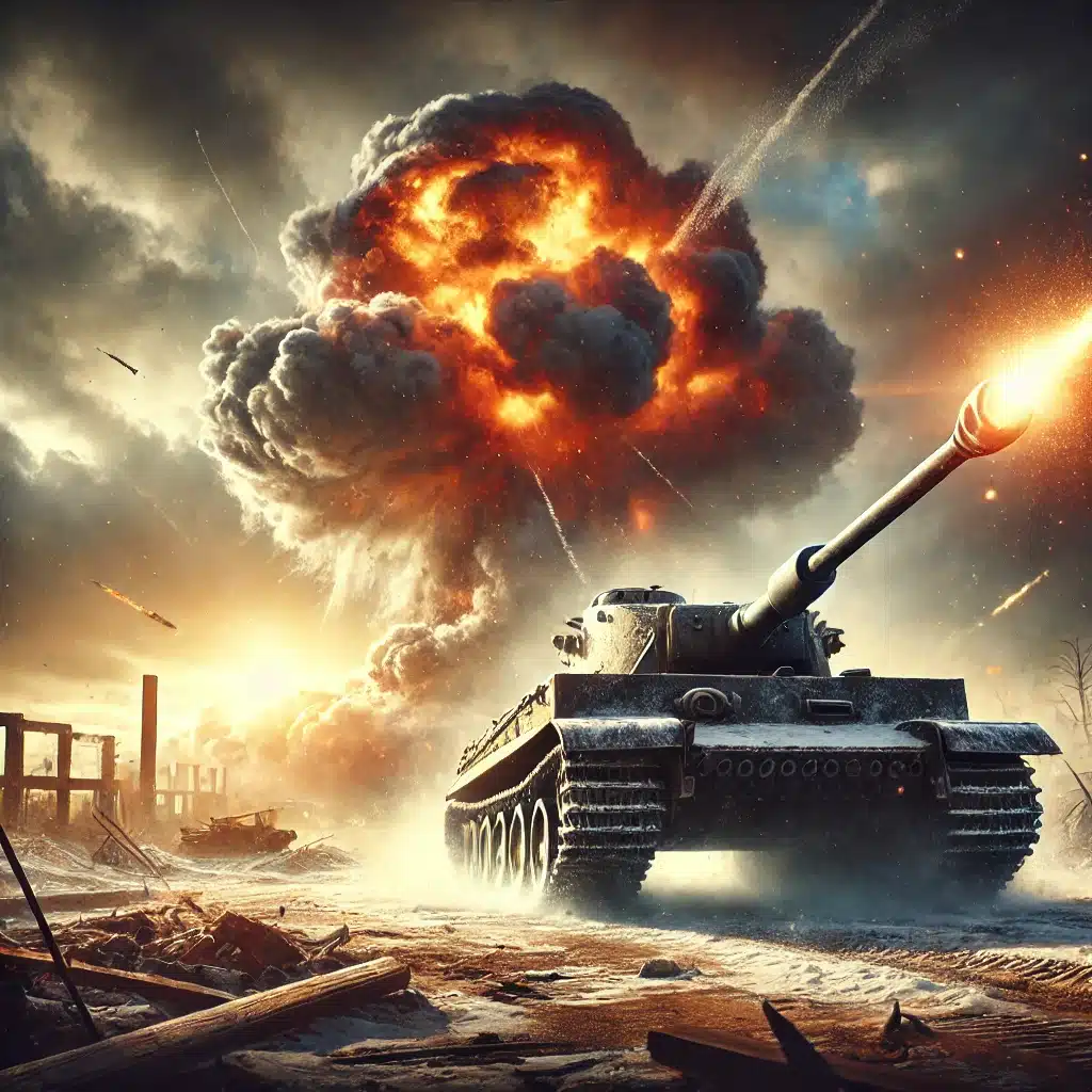 En dramatisk stridsscen från World of Tanks Blitz där en massiv stridsvagn avfyrar ett kraftigt skott mitt på slagfältet. Explosioner och rök fyller bakgrunden, medan förstörda byggnader understryker den intensiva krigskänslan.