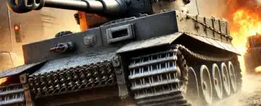 En actionfyldt scene fra World of Tanks Blitz, hvor en tungt pansret kampvogn manøvrerer gennem en krigshærget by. Støv og murbrokker hvirvler op fra larvefødderne, mens brændende køretøjer lyser slagmarken op.