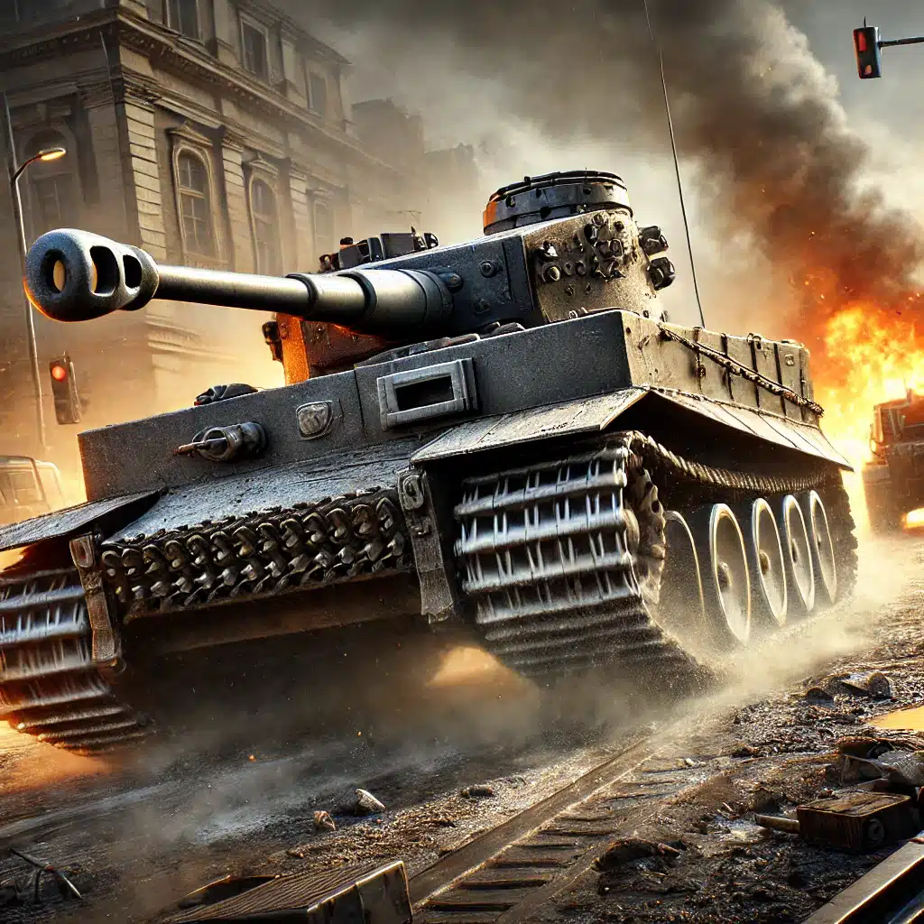 En actionfylt scene fra World of Tanks Blitz, der en tungt pansret stridsvogn manøvrerer gjennom en krigsherjet by. Støv og murbrokker virvler opp fra beltene, mens brennende kjøretøy lyser opp slagmarken.